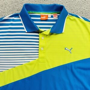 Puma Polo Shirt Mens XL Blue Yellow‎ Colorblock Stretch Casual Golf Adult Fowler